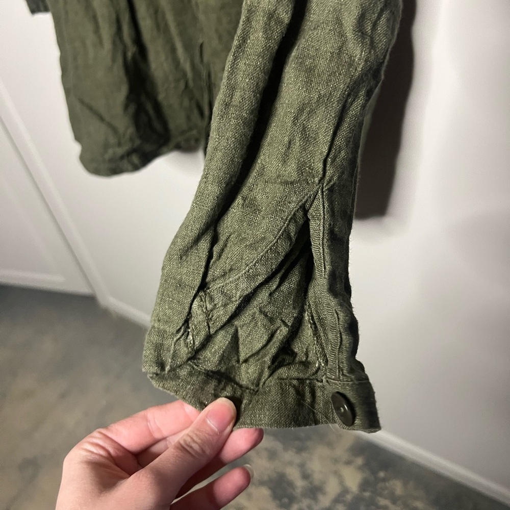 FLAX Linen Tunic Top Olive Green Large Lagenlook Button Front - Picture 6 of 10
